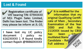 Times of India Lost of Certificates Or Marksheets display classified rates